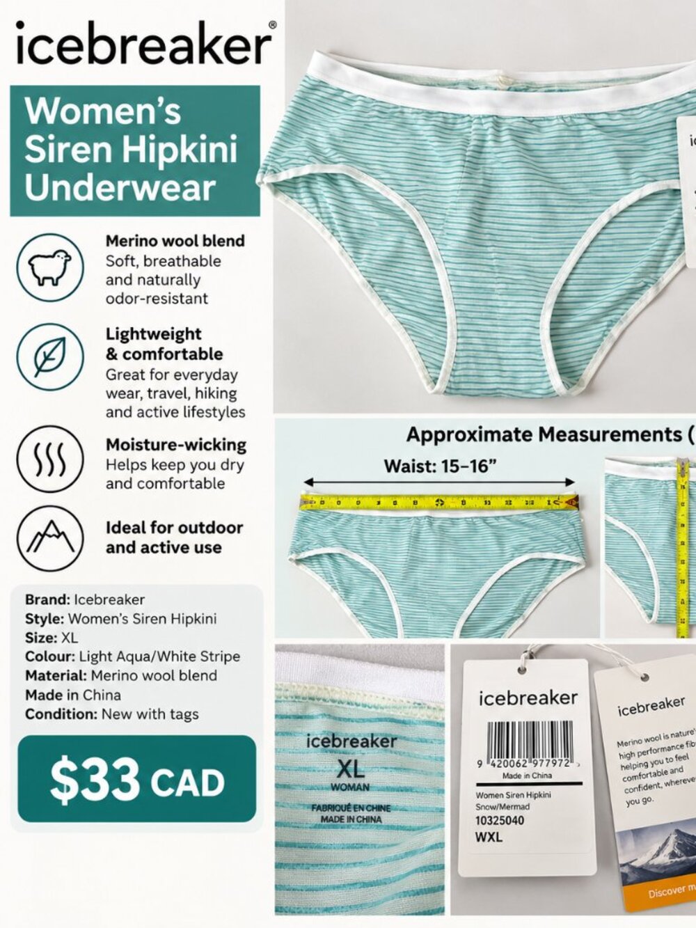 ICEBREAKER WOMEN’S MERINO WOOL HIPKINI – NEW WITH TAGS